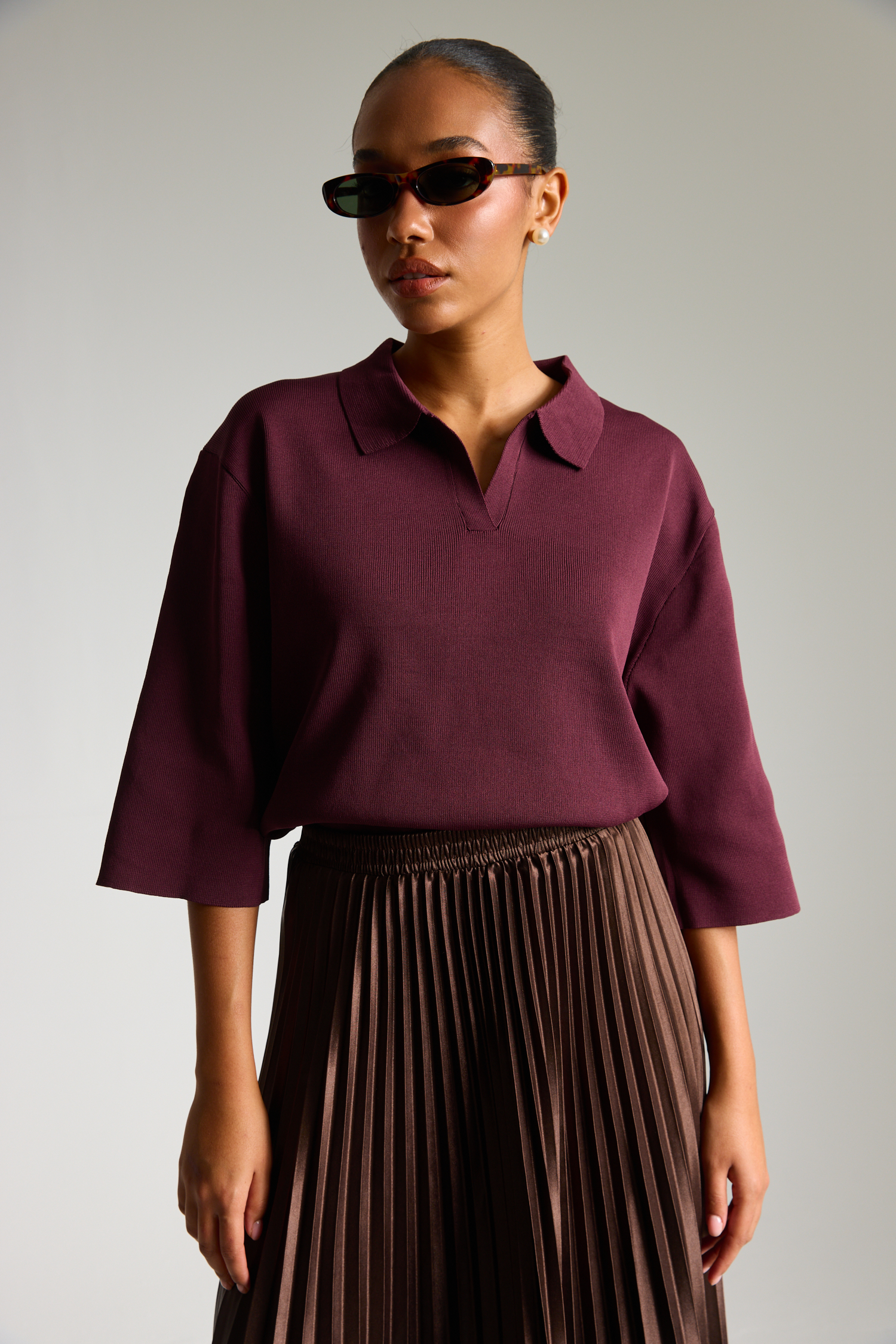 חולצת סריג עם צווארון - חציל