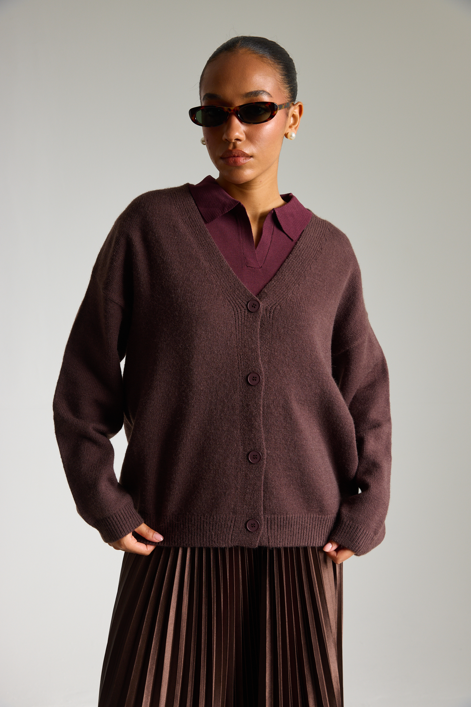 קרדיגן מבד סריג - חום