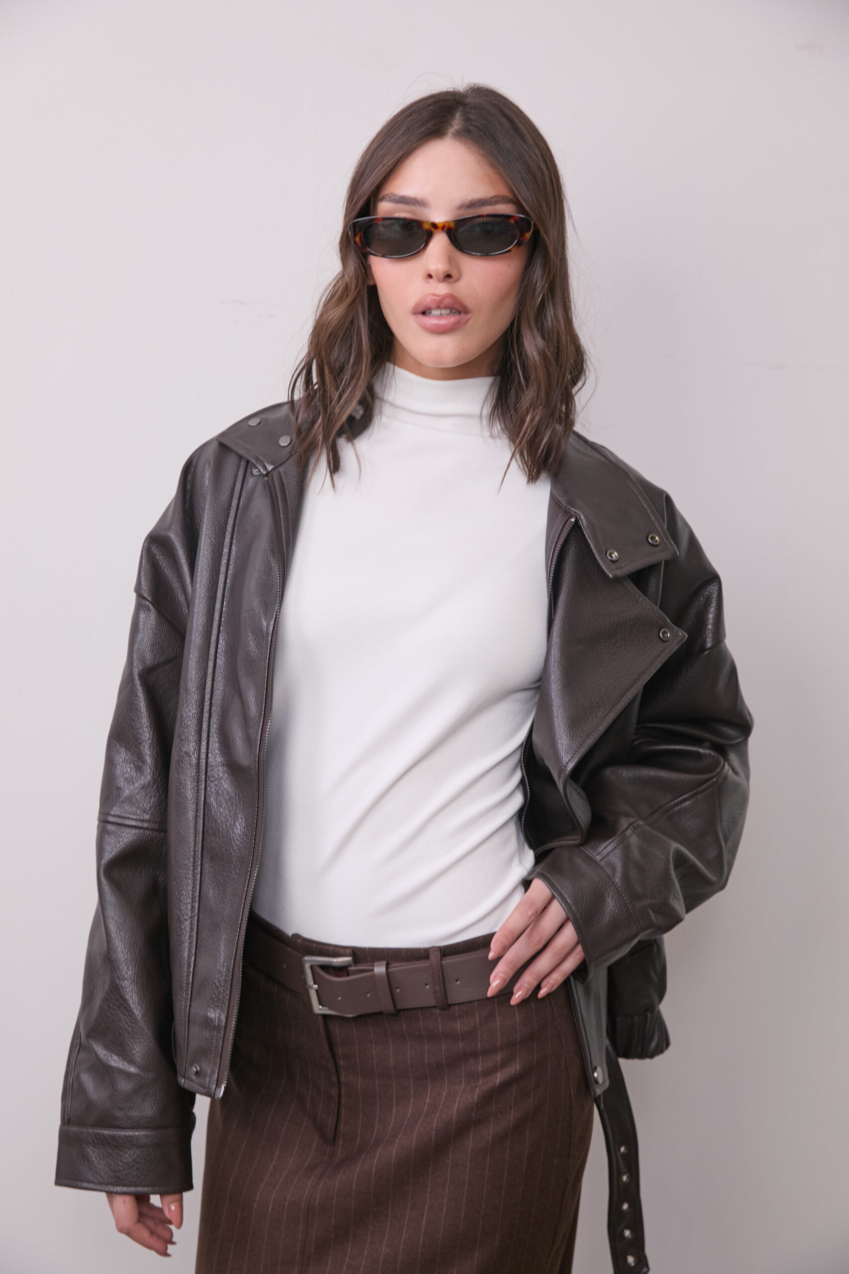 מעיל דמוי עור אוברסייז - חום